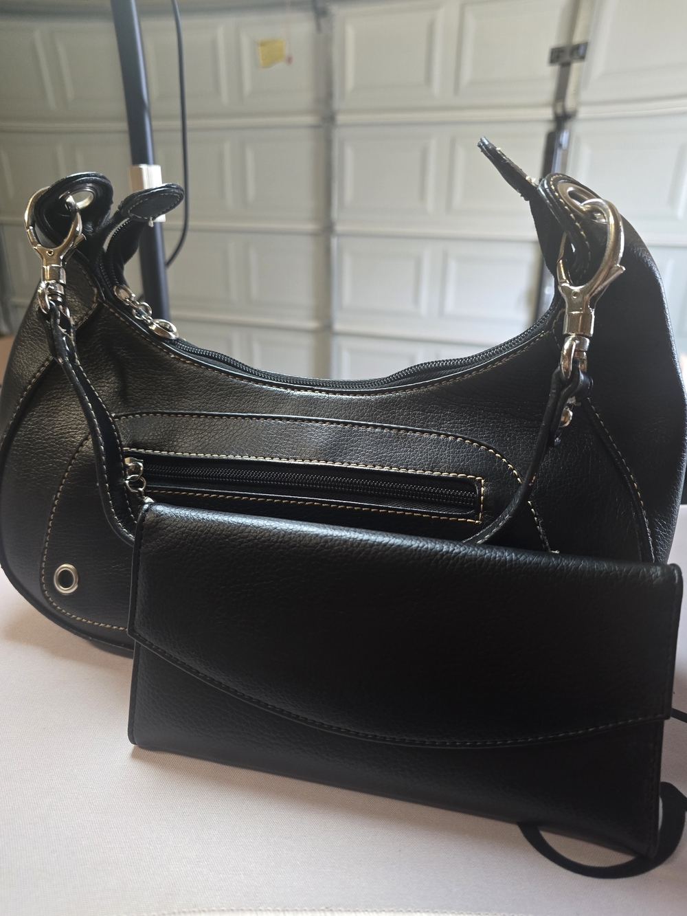 Black Leather Crescent Shoulder Bag with Wallet - Women Bags